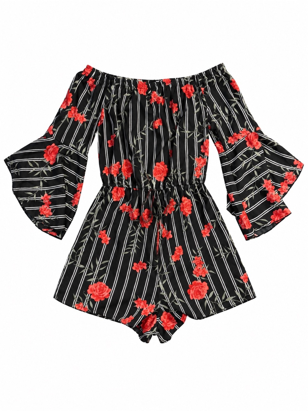Blush Black Striped Off-Shoulder Romper with Red Floral Print